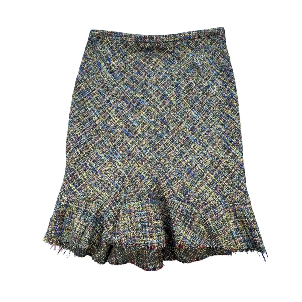NWT Elevenses Green Tweed Flip Hem Skirt Womens 10 Ruffle Back Fringe Trim